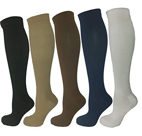 Ladies Compression Socks, Medium Compression 15-20 mmHg, Running, Nurses, Flight and Travel Knee-High Socks; Five Pair Assorted Colors (Black, White, Blue, Brown, Tan)