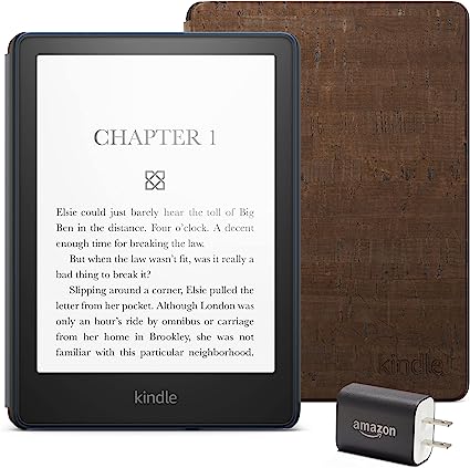 Kindle Paperwhite Essentials Bundle including Kindle Paperwhite (16 GB) - Denim - Without Lockscreen Ads, Cork Cover - Dark, and Power Adapter