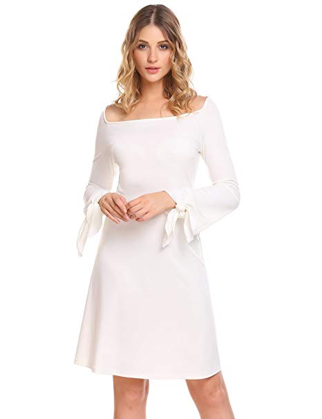 ELESOL Women's Elegant Solid Knotted Flare Long Sleeve A-Line Boatneck Party Dress
