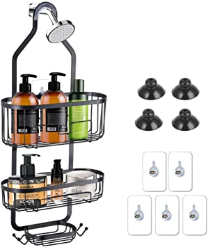 Nandae Bathroom Hanging Shower Caddy Organizer, Over the Shower Caddy with 2 Basket & 4 Hooks for Shampoo, Conditioner & Soap (Black)
