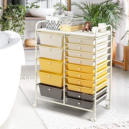 COSTWAY 15 Drawers Storage Trolley, Home Office Stationary Rolling Cart with 4 Wheels, Multipurpose Mobile Organiser Shelving Unit for Makeup Beauty Salon (Yellow)