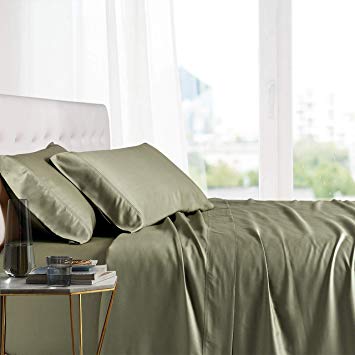 Royal Tradition Exquisitely Lavish Body Temperature-Regulated Bedding, 100% Viscose from Bamboo, 300 Thread Count, 4 Piece California King Size Deep Pocket Silky Soft Sheet Set, Sage