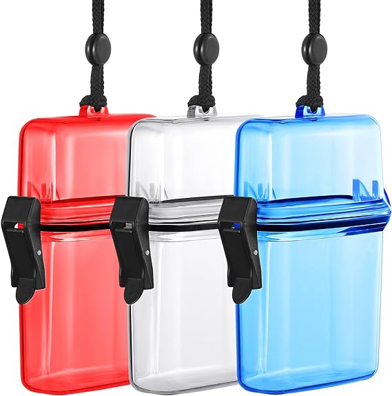 Outus 3 Pieces Waterproof Case ID Card Holder with Floating Sports Case Locker with Hanging Ring and Rope 4.72 x 2.95 x 1.57 Inches(Clear, Blue, Red)