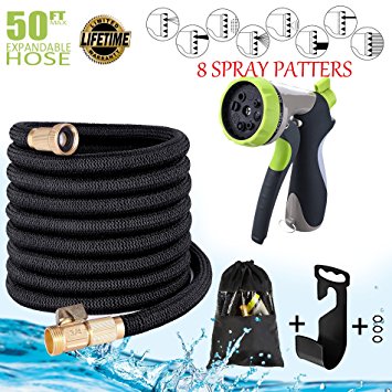 Garden Hose 50ft Water Hose Flexible Garden Hose Expandable Hose with Double Latex Core Extra Strength Fabric 3/4" Solid Brass Fittings with High Pressure Metal 8 Function Spray Nozzle