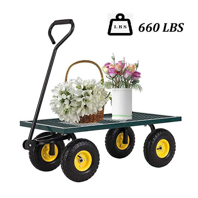 SUNCOO 660 LBS Garden Cart with Wheels Outdoor Yard Steel Loading Wagon, Green Heavy-Duty Handle to Rotate 180 Degrees, Bearing 660 LBS