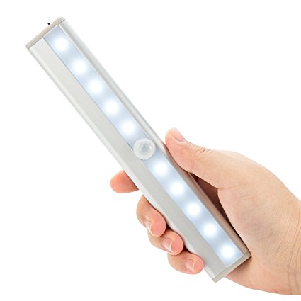 Wireless Motion Sensor LED light Bar Portable Rechargeable 10 Super-bright LED Night Light Stick-on Anywhere Hallway,Cabinet,Closet, Attics,Stairs,Washroom,Basement (Silver)
