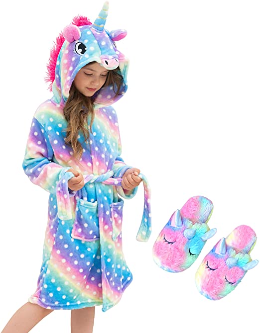 Unicorn Hooded Bathrobe Sleepwear Matching Slippers Girls Gifts