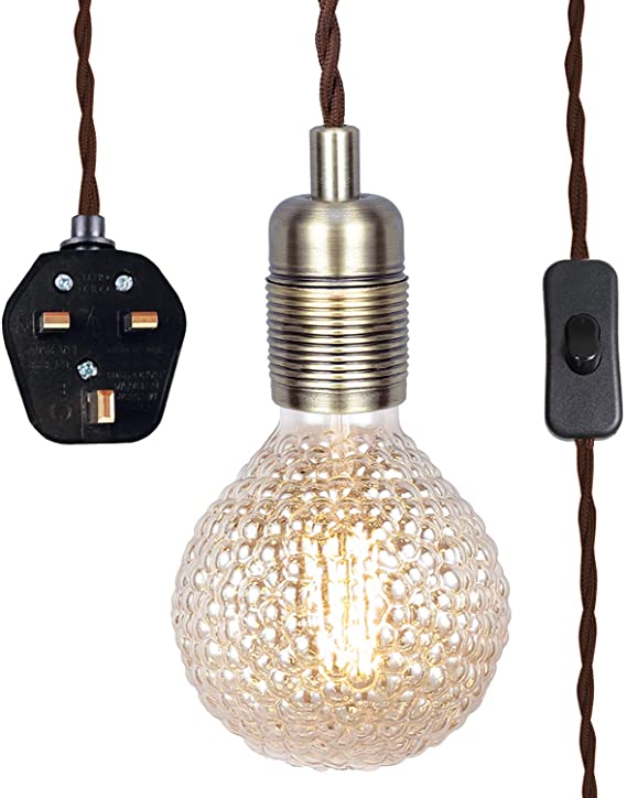 Antique Brass Pendant Light Fitting with Plug-in, Vintage Style Hanging Light KIT E27 Lamp Holder, 4500MM Braided Twisted Cable with On/of Switch-KIT04APG