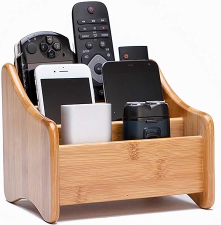 VolksRose Desk Remote Control Holder Multi-Function Coffee Table Office Supplies Storage Organizer, Home Sundries Bamboo Storage Box with 3 Compartments Perfect for Makeup, TV Guide, Pen, Caddy #1