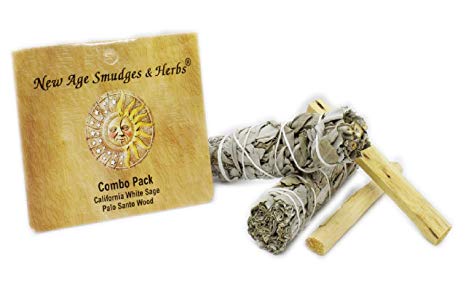 New Age Smudges and Herbs Smudge Kit - 2 California White Sage Smudge Stick for Cleansing (Salvia Apiana) with 2 Palo Santo Incense Sticks (Holy Wood) - Sage Bundles