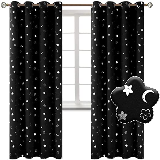 BGment Moon and Stars Blackout Curtains for Kids Bedroom, Grommet Thermal Insulated Room Darkening Printed Curtains for Nursery, 2 Panels of 52 x 84 Inch, Black