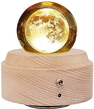 3D Crystal Ball Music Box Luminous Rotating Musical Box with Projection LED Light and Wood Base Best Gift for Birthday Christmas Valentine's Day Home Decor Wooden Music Box (Moon)