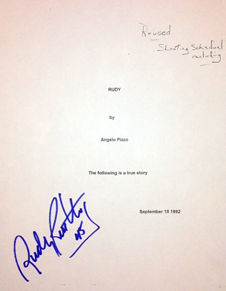 Rudy Ruettiger Autographed/Signed Original "Rudy" Complete Movie Script Copy Written by Angelo Pizzo