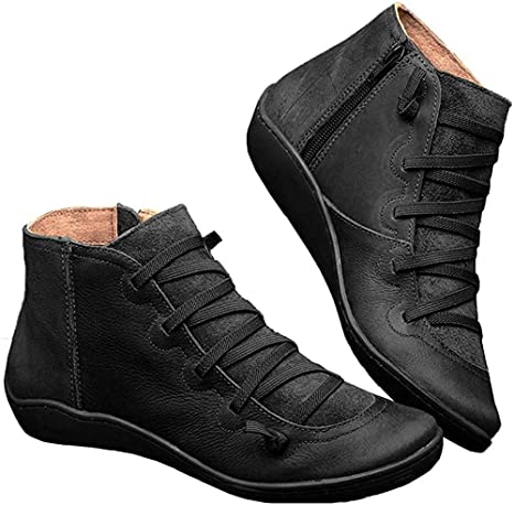 Women's Arch Support Boots Casual Lace up Ankle Booties Retro Female Round Toe Flat Heel Short Boot