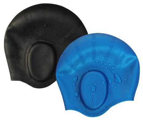 Attmu Silicone Swim Caps with Ergonomic Ear Pockets Unisex Fit Long Hair Set of 2 Black  Blue