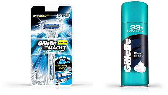 Gillette Mach 3 Turbo Manual Shaving Razor and Gillette Sensitive Skin Shave Foam - 418 g with free 33% extra