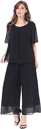 Women's 2 Piece Chiffon Sets Outfits Flowy Summer Casual Dressy Pantsuits Double Layers Blouse Capris Pants Suits