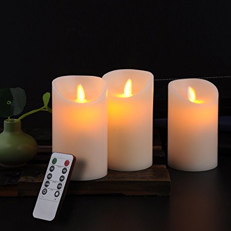 Calm-life Classic Pillar Real Wax Flameless LED Candles 3" X 5" with Timer 10-key Remote Control Feature Ivory Color - Set of 3