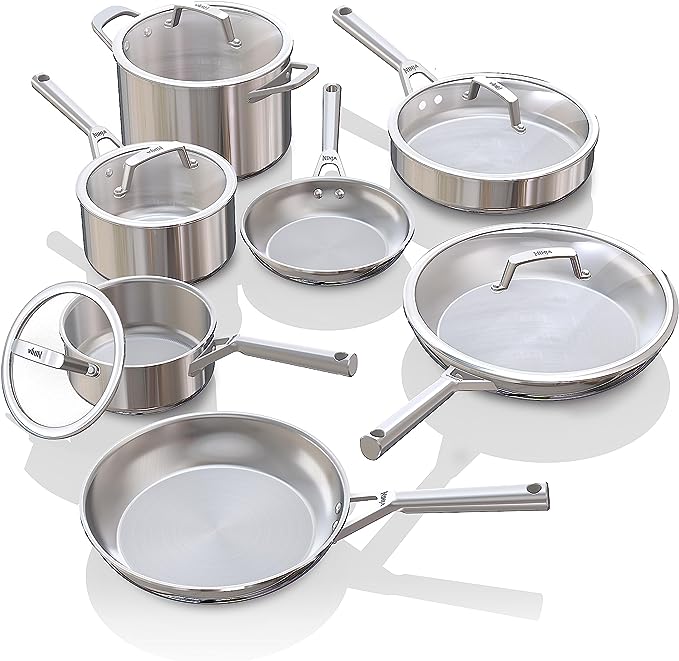 Ninja C99012 EverClad Commercial-Grade Stainless Steel Cookware Set, Tri-Ply Pots And Pans, Oven Safe to 600°F, PFAS Safe, All Stovetops & Induction Compatible, Stainless, 10.25", 12-Piece