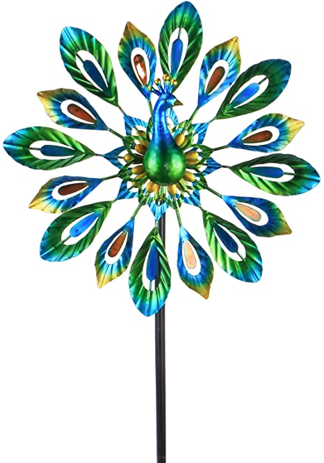 MUMTOP Wind Spinner 51 Inch Peacock Wind Spinner Outdoor Metal with Double Wind Sculpture for Patio, Lawn & Garden Decor