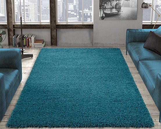 Ottomanson Soft Cozy Color Solid Shag Area Rug Contemporary Living and Bedroom Soft Shag Area Rug, Turquoise Blue, 3'3" L X 4'7" W