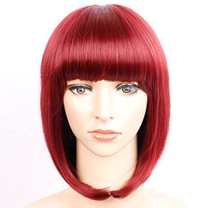 Colorful Bird Short Straight Bob Hair Wigs with Flat Bangs Synthetic Wigs for Women Cosplay Daily Party Wigs Heat Resistant (Red,12 inches )