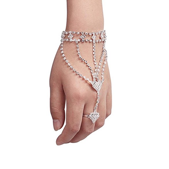 Voberry® Fashion Women Girl Rhinestone Hand Harness Bangle Chain Link Finger Ring Bracelet