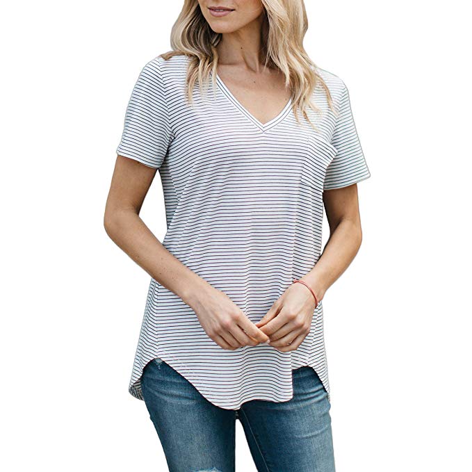 Amaryllis Apparel Women's Relaxed Fit Deep V-Neck Pocket Hi-Lo Basic Everyday T-Shirt | 100% Cotton