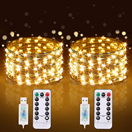 OOWOLF 2 Pack Led Fairy String Lights USB Powered 33ft 100 LEDs Remote Control Fairy Lights with 8 Scence Modes for Wedding Party Home Christmas Decoration, Warm White