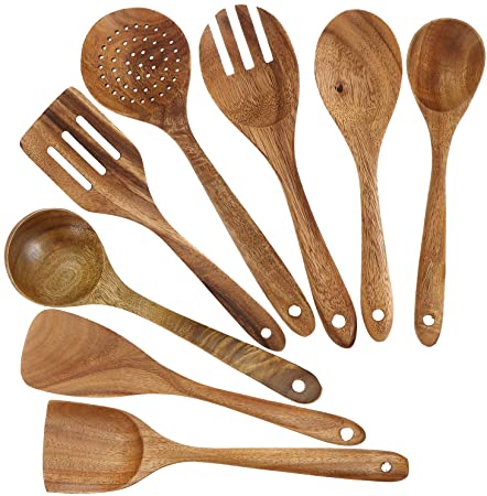 Bekith 8 Pack Kitchen Utensils Set, Wooden Spoons for Cooking, Natural Teak Long Wood Spoon and Spatula for High Heat Stirring, Baking, Non Stick Pots and Pans