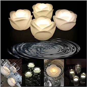 Atcket (Warm White , 4 Pcs) Wax Flicker LED Water Floating Rose Warm White Color for Wedding or Party Decoration