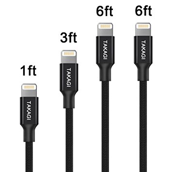 Lightning Cable，TAKAGI 4Pack (1ft,3ft,2X6ft) iPhone 6 Charger Nylon Braided Fiber Cloth Assorted Lengths Combination Durable and Fast Charging Cable for iPhone 7/7 /6/6 /6s/6s /5s/5c, iPad and More