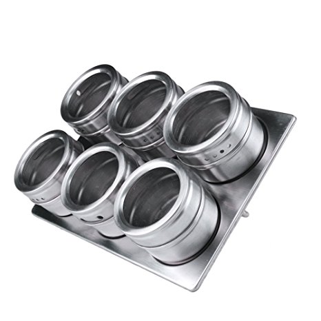 Magnetic Spice Tins, SEANUT Multi-Purpose Stainless Steel Spice Jars Round Storage Spice Rack Set, 6 Jars, Clear Shift and Pour Lid