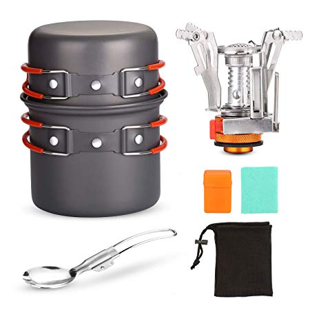 Odoland Camping Cookware Stove Carabiner Canister Stand Tripod and Stainless Steel Cup, Tank Bracket, Fork Knife Spoon Kit for Backpacking, Outdoor Camping Hiking and Picnic