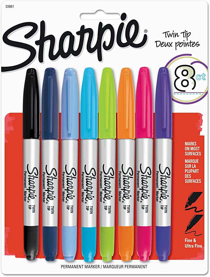 Sharpie 33861PP Twin-Tip Permanent Marker, Fine/Ultra-Fine Bullet Tips, Assorted, 8/Set