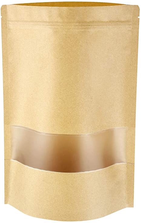 Stand Up Pouch Bags, 100 Pack Kraft Pouch with Tear Notch and Matte Window, Resealable Zip Lock Food Storage Bag (4.7IN X 7.9IN)