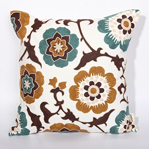 Brown & Blue Flower Embroidered Throw Pillow Covers for Couch, Cushion Cover 18x18inches By Uniifurn