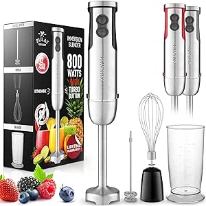 Zulay Kitchen 3-in-1 Immersion Blender Handheld - Powerful 800 Watt 12 Speed Emulsion Mixer - Hand Held Stick Blender Wand With Whisk & Frother Attachments for Smoothies, Puree, Baby Food - Black