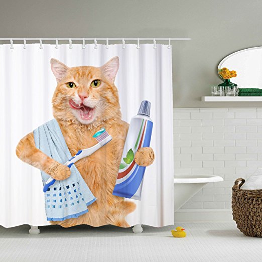 Shower Curtain ，Brushing teeth cat. 60 x 72 Inch