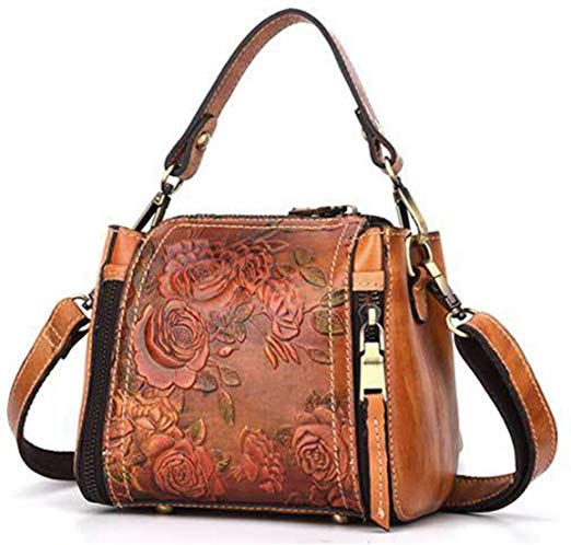JOSEKO Top Handle Satchel Handbags, New Retro Genuine Leather Bucket Handbag Hand Embossed Craft Flower Crossbody Bag Coffee 6.89 inch(L) x 3.94 inch(W) x 6.69 inch(H)