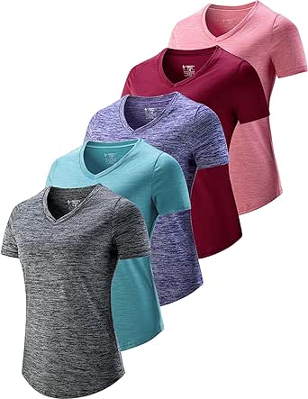 5 Pack: Womens Dry Fit Workout Shirts, Short Sleeve Athletic Gym Tshirts, Ladies Active Long Tees Bulk