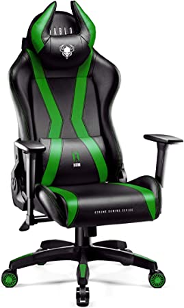 Diablo X-Horn Gaming Chair Office Desk 3D Armrests Ergonomic Design Neck/Lumbar Cushion Faux Leather Tilting Mechanism (black-green, L)