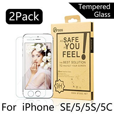 BTGGG iphone SE Screen Protector, [2 pack] 0.3mm/ 2.5D Round Edge [3D Touch Compatible Anti-fingerprint] Tempered Glass Protector for iphone SE 5S 5C 5 [Bubble Free HD Easy Installation]
