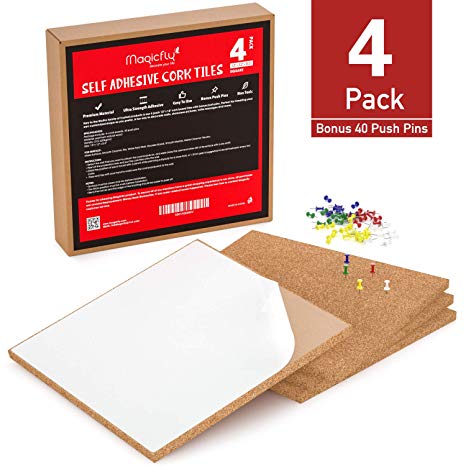 Magicfly Premium Square Cork Tiles 12"x12", 1/2" Thick, Pack of 4,Self-Adhesive Natural Cork Boards with Bonus 40 Push Pins, Mini Wall Bulletin Board for Notes, Pictures, DIY Drafts