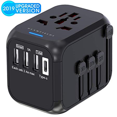 Universal Travel Adapter, GLAMFIELDS International Power Adapter, Worldwide All in One AC Outlet Power Plug Adapter with 3 USB   1 Type C Charging Ports for USA UK AUS European 200 Countries