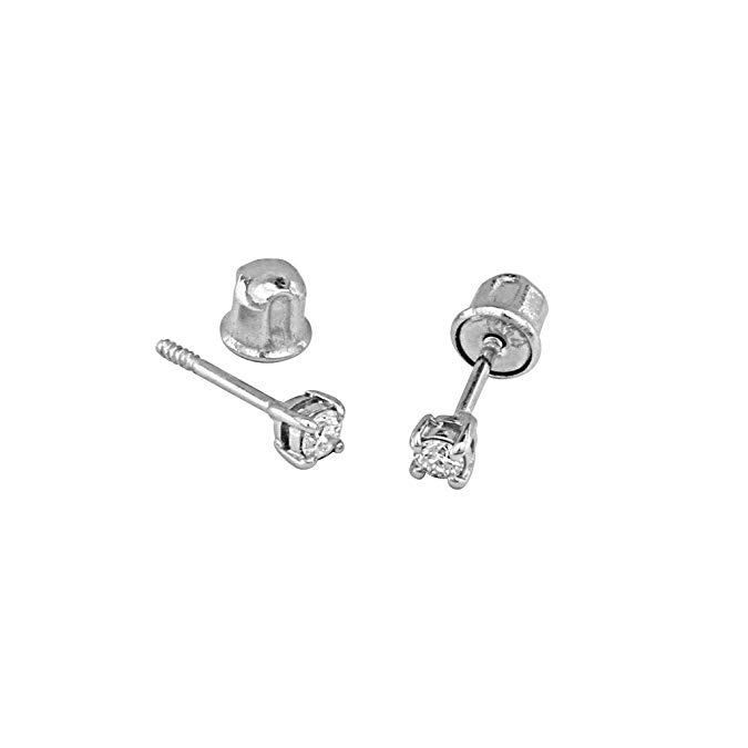 14k White Gold Round Solitaire Basket Set Stud Earrings with Screw Back - 7 Different Size Available