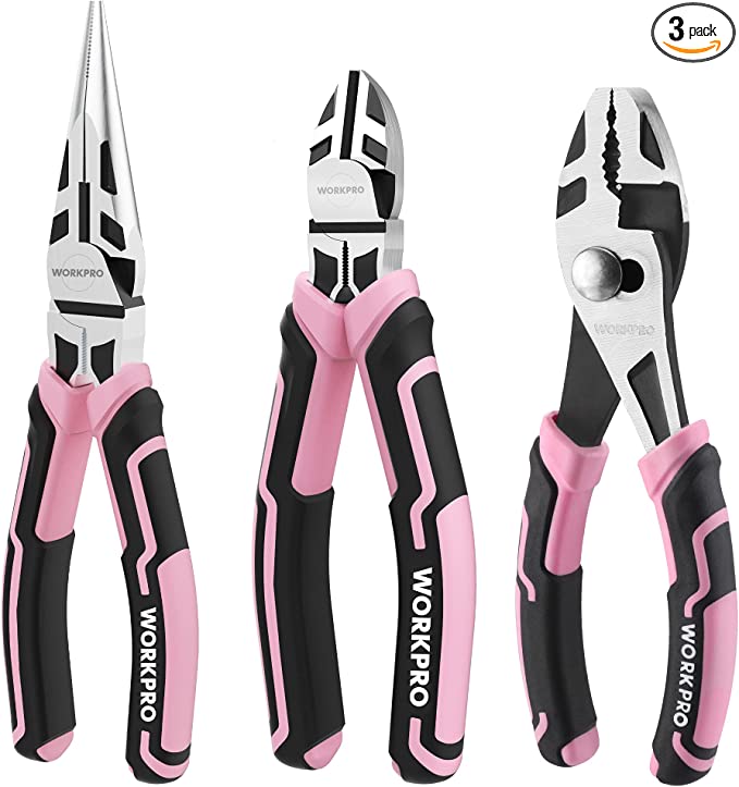 WORKPRO 3-Piece Pliers Set, Pink Pliers Tool Set Including Needle Nose Pliers, Diagonal Cutting Pliers, and Slip Joint Pliers for Plumbing, Automotive and General Applications