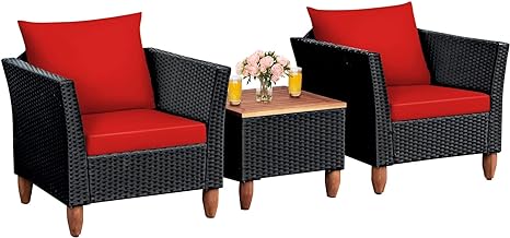 COSTWAY 3PCS Outdoor Patio Rattan Furniture Set Wooden Table Top Cushioned Sofa Red