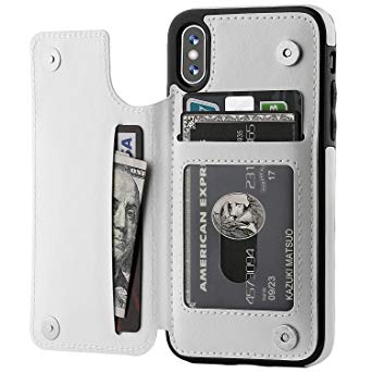 OT ONETOP iPhone Xs iPhone X Wallet Case with Card Holder, Premium PU Leather Kickstand Card Slots Case,Double Magnetic Clasp and Durable Shockproof Cover (White)