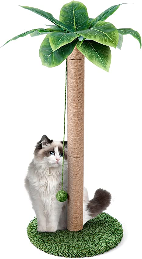 Odoland Cat Scratching Post - Indoor 33 inch Palm Tree Sisal Scratch Posts with Dangling Balls for Kitten and Large Cat - Vertical Scratcher Cute Cat Scratching Post Fun Cat Toy Green